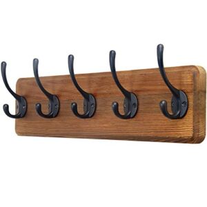 SKOLOO Rustic Wall Mounted Coat Rack: 16-inches Hole to Hole, Pine Solid Wood Coat Hook Hanger – 5 Hooks for Hanging Clothes Robes Towels Coats