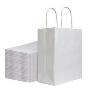 bagmad 100Pcs Pack 8×4.75×10 inch Medium White Kraft Paper Bags with Handles Bulk, Gift Bags, Craft Grocery Shopping Retail Birthday Party Favors Wedding Sacks Restaurant Takeout, Business (100)