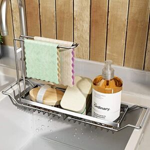 BEENLE 304 Stainless Steel Telescopic Sink Caddy Sponge Holder,Expandable Kitchen Sink Organizer Dish Drainer Rack Sink Tray Brush Soap Holder(16.7”- 21.3”) ,Silver