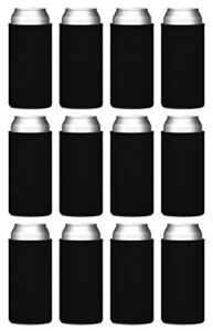TahoeBay Slim Can Cooler Sleeves (12-Pack) Insulated Polyfoam, Scuba Knit Polyester Fabric Thermocoolers for 12oz Tall Skinny Beverage Cans – Blank Design, Ready for Printing (Black)