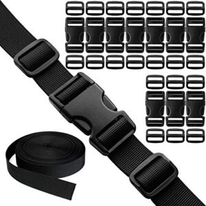 Buckles Straps Set of 1 inch: 10 pcs Quick Side Release Plastic Buckle Dual Adjustable + 12 Yard Black Nylon Webbing Strap Band + 20 pcs Tri-glide Slide Clip, No Sewing Required Heavy Duty Durable
