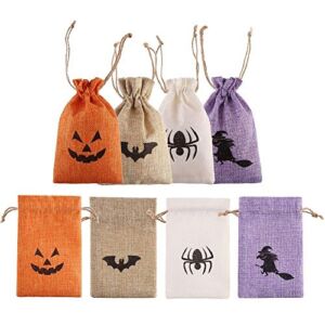 DECORA Burlap Gift Bags with Double Jute Drawstrings Candy Pouch Halloween Treat Bags with Different Designs Pack of 50