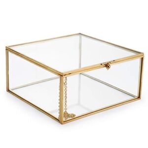 Hipiwe Vintage Glass Jewelry Organizer Box – Golden Metal Keepsake Box Desktop Jewelry Organizer Holder, Wedding Birthday Gift, Square Vanity Decorative Box for Dresser,Bathroom