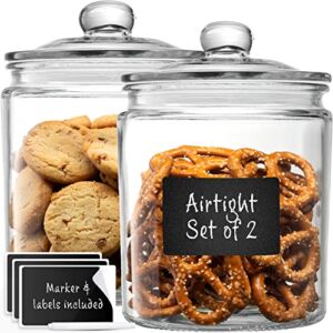 Glass Canister Set for Kitchen Counter + Labels & Marker – Set of 2 – Glass Cookie Jars with Airtight Lids – Food Storage Containers with Lids Airtight for Pantry – Flour, Sugar, Coffee, Cookies, etc.