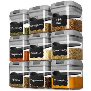 Shazo Airtight 9 Pc Mini Container Set + 9 Spoons, Labels & Marker – Durable Clear Plastic Food Storage Containers with Lids – Kitchen Cabinet Pantry Containers for Spices, Herbs, Coffee, Tea etc GRAY