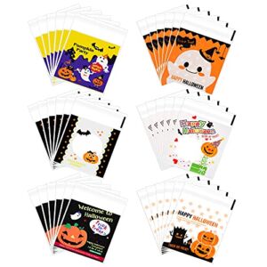 CHRORINE 120 Pcs Halloween Candy Bag 6 Styles Cellophane Treat Bags Self Adhesive Gift Bags for Halloween Party Supplies