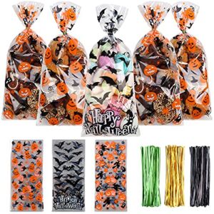 LOKIPA Halloween Cellophane Treat Candy Bags,150 Pieces Halloween Cellophane Gift Goody Snack Sweet Bags with Twist Ties for Halloween Party Supply（3 Style）