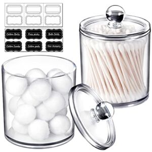 2 Pack of 15 Oz. Qtip Dispenser Apothecary Jars Bathroom with Labels – Qtip Holder Storage Canister Clear Plastic Acrylic Jar for Cotton Ball,Cotton Swab,Q-tips,Cotton Rounds (2 Pack of 15 Oz.，Small )