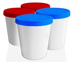 LIN Ice Cream Containers 4-Pack – 1Qt Reusable Round Storage Tubs for Homemade Ice Cream, Dessert, Gelato, Sorbet, 2 Red & 2 Blue Silicone Lids – Non-BPA Plastic Containers – Freezer & Dishwasher-Safe