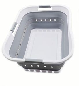 SAMMART 42L (11 gallon) Collapsible Plastic Laundry Basket – Foldable Pop Up Storage Container/Organizer – Portable Washing Tub – Space Saving Hamper/Basket (1, White/Grey)