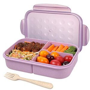 Bento Box for Adults Lunch Containers for Kids 3 Compartment Lunch Box Food Containers Leak Proof Microwave Safe(Flatware Included,Purple)