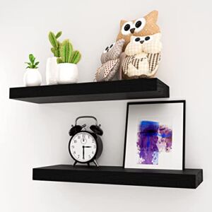 WOOD CITY Black Floating Shelves for Wall, 2 Set Invisible Wall Mounted, Matte Black Actual Wood Shelves for Wall Storage and Decor
