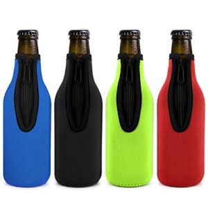 Beer Bottle Insulator Sleeve Different Color. Zip-up Bottle Jackets. Keeps Beer Cold and Hands Warm. Classic Extra Thick Neoprene with Stitched Fabric Edges, Enclosed Bottom, Perfect Fit (Pack-of-4)