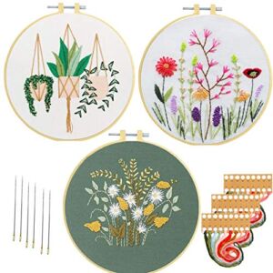 Nuberlic 3 Pack Embroidery Kits for Beginners Starters Cross Stitch Kits with Pattern for Adults Kids Craft Stamped Embroidery Cloth 3 Hoops Threads Needles