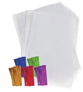 Purple Q Crafts Clear Plastic Cellophane Bags with 4″ Colored Twist Ties for Gifts Party Favors (9″x12″, 50 Pack)…