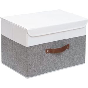 Yawinhe Collapsible Storage Boxes 1 Pack, Linen Fabric Storage Baskets Washable, with Lids and Leather Handle, for Home Bedroom Closet Office, (White/Grey, 15.0×9.8×9.8in), USNK024WGL-1