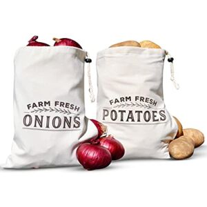Resilient Roots Potato Storage for Pantry I Potato and Onion Storage Bags with Side Zipper I Set of 2 – 16” x 12” – Cotton Farmhouse Kitchen Onion Bag with Blackout Liner