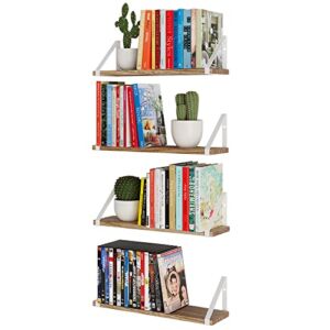 Wallniture Ponza Wood Floating Shelves for Wall Storage Shelves for Living Room Decor, Wall Bookshelves Set of 4 White Shelf Brackets, Burnt Finish
