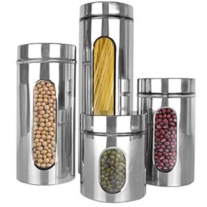 Estilo Stainless Steel Canister Sets for the Kitchen Counter – Silver Canister Set with Glass Windows – Multiple Sizes, Set of 4