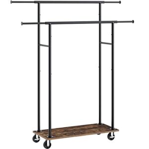 Rolanstar Double Rod Garment Rack, Heavy Duty Clothes Rack with Shelf, Metal Pipe Wooden Bottom Shelves with Rolling Wheels, Great for Living Room, Entryway, Bedroom