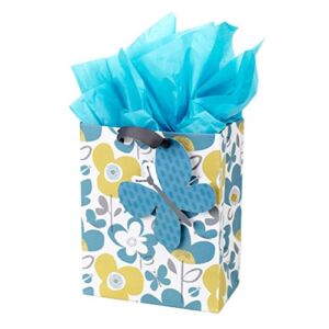 Hallmark 9″ Medium Gift Bag with Tissue Paper (Flowers and Butterflies; Turquoise and Yellow) for Birthdays, Mothers Day, Bridal Showers, Baby Showers and More