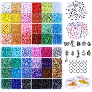 GREENTIME 3MM Bracelet Beads Kit for Jewelry Making, 35000pcs Seed Beads Small Glass Beads 8/0 Rainbow Beads Set with Letter Beads Elastic String Charms and Rings for Christmas Gift (48 Colors)