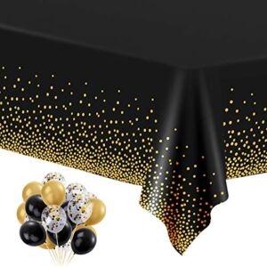 Black and Gold Plastic Tablecloths for Rectangle Tables, 6 Pack Disposable Party Table Cloths, Gold Dot Confetti Table Covers with 30 Balloons for Birthday, Graduation, Cocktail Parties, 54″ x 108″