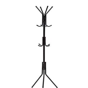 Free-Standing Coat Rack Metal Stand – Hall Tree Entry-Way Furniture Best for Hanging Up Jacket, Purse, Hand-Bag, Cloth, Hat, Winter Scarf Holder – Home or Office Floor Hanger 12-Hooks Organizer, Black