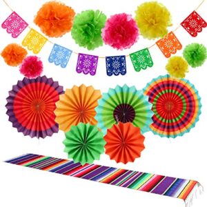 16 Pieces Fiesta Party Decorations Hispanic Heritage Month Decorations, 1 Serape Table Runner, 6 Colorful Paper Fans Round Wheel Disc, 8 Pom Poms Flowers, 1 Felt Papel Picado Banner for Cinco De Mayo