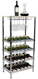 Apollo Hardware Chrome 5-Tier Wire Wine Shelving and Top Wood with Glass Holder 24″x14″x48″