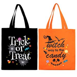 Whaline Halloween Canvas Tote Bags Trick or Treat Tote Candy Bag Reusable Cotton Handbag Grocery Bags for Halloween Party Favor Gift Bags, 2 Pack, 15.7″ x 13.4″