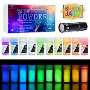 10 Color Glow In The Dark Pigment Powder with UV Lamp – Epoxy Resin Luminous Powder for Slime Kit,Skin Safe Long Lasting Self Glowing Dye for DIY Nail Art,Acrylic Paint,Fine Art, 0.7oz Each(Total 7oz)