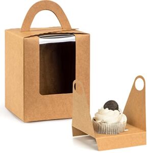 VGOODALL Kraft Cupcake Boxes,50pcs Single Cupcake Carrier with Window Insert and Handle Kraft Pastry Containers Muffins Cupcake Carriers for Bakery Wrapping Party Favor Packing