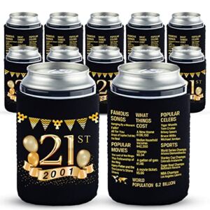 21st Birthday Can Cooler Sleeves Pack of 12-21st Anniversary Decorations- 2001 Sign – 21st Birthday Party Supplies – Black and Gold the Twenty-First Birthday Cup Coolers