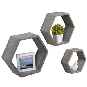 MyGift Rustic Gray Wood Hanging Shadow Boxes Display Case Wall Shelves with Hexagonal Shape, Set of 3