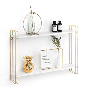 J JACKCUBE DESIGN White and Gold Floating Shelf, 2 Tier Wall Mount Shelves for Modern Wall Décor, Display and Storage for Living Room Bedroom, Bathroom, Kitchen -MK534A