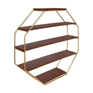 Kate and Laurel Lintz Large Octagon Shaped Floating Wood Book Shelves for Decorative Wall Storage, Gold Metal Frame with Walnut Brown Finished Shelves