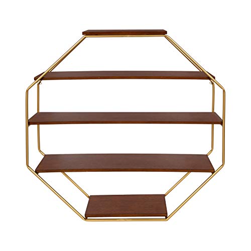 Kate and Laurel Lintz Large Octagon Shaped Floating Wood Book Shelves for Decorative Wall Storage, Gold Metal Frame with Walnut Brown Finished Shelves | The Storepaperoomates Retail Market - Fast Affordable Shopping