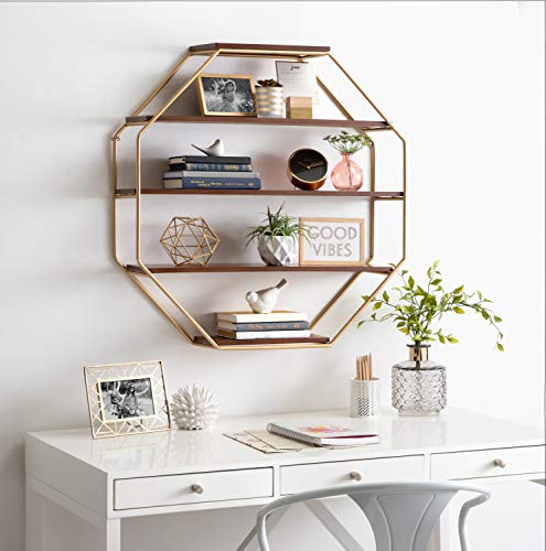 Kate and Laurel Lintz Large Octagon Shaped Floating Wood Book Shelves for Decorative Wall Storage, Gold Metal Frame with Walnut Brown Finished Shelves | The Storepaperoomates Retail Market - Fast Affordable Shopping