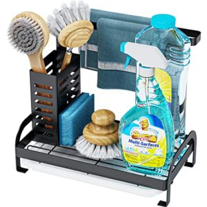 Sink Caddy Sponge Holder – iSPECLE Kitchen Sink Caddy Organizer Brush Holder with Drain Pan Tray, Dishrag Dishcloth Holder Storage Kitchen Accessories, Black