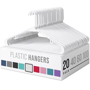 Plastic Clothes Hangers (20, 40, 60, 100 Packs) Heavy Duty Durable Coat and Clothes Hangers | Vibrant Color Hangers | Lightweight Space Saving Laundry Hangers (20 Pack – White)