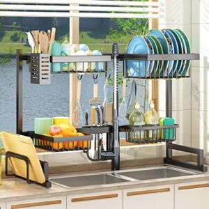 SAYZH Over The Sink Dish Drying Rack, 2 Tier Width Adjustable (33″~41″) Dish Rack with Utensil Holder Kitchen Drainer Countertop Organizer Black