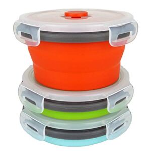 ECOmorning 3Piece Round Collapsible Lunch Container Silicone Food Storage Containers Collapsible Camping Bowl with Airtight Silicone Lids, Microwave, & Freezer Safe, 350ML