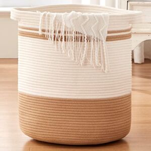 OIAHOMY Laundry Basket- Rope Basket Large Storage Basket with Handles,Modern Decorative Woven Basket for Living Room,Storage Baskets for Toys, Throws, Pillows,and Towels -18″×16″-White&Yellow