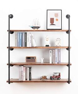 CTHTESY Industrial Wall Mounted Pipe Shelving,Rustic Metal Floating Shelves,Steampunk Real Wood Bookcases,DIY Bookshelf Hanging Shelves, Kitchen Bar Office Home Storage (5-Tier with 4 Boards,48in)