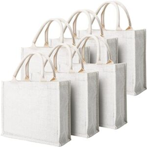 Segarty Tote Bags, 6 Pack Small White Burlap Jute Reusable Canvas Gift Favors Bag with Handles Blank Totes Bulk for Bridesmaid Wedding, Women Market Grocery Shopping, Bachelorette Party, Beach Trip