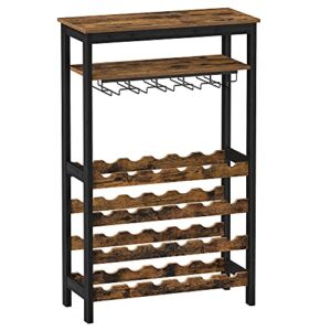 SONGMICS 24-Bottle Freestanding Wine Rack, Wine Storage Display Shelves with Tabletop and Glass Holder, Bar Rack with Bottle Holder for Kitchen Bar Dining Room, Rustic Brown and Black UKWR028B01