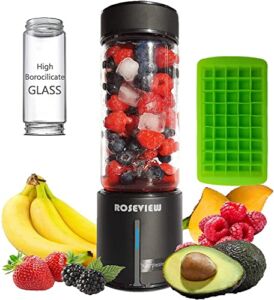 Portable Smoothie Blender ROSEVIEW Glass Cordless Mini Shakes Cup blend for smoothies USB rechargeable juicer 2 battery Handheld Personal travel Jet mixer (Black)