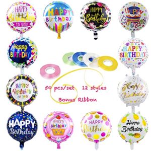Happy Birthday Aluminum Foil Balloons (50-Pieces) with 100 Meter Ribbons – Helium Floating Mylar Balloon Party Decoration Supplies – 18 Inches Round Inflatable Balloons