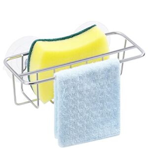 TESOT Sink Caddy Sponge Holder Dish Cloth Hanger 2 in 1 with Upgraded Suction Cups or Adhesive, SUS304 Stainless Steel, No Drilling, Silver